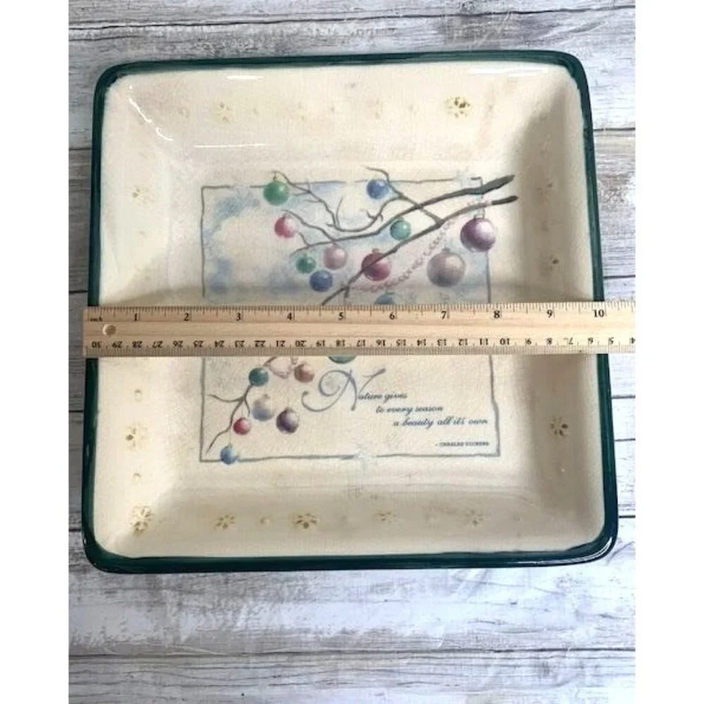 Russ Berrie 10 Inch‎ Square Ceramic Plate with Festive Ornament Design